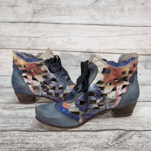Rovers Floral Leather Lace-Up Ankle Boots Blue Multicolor Boho – US Women’s 10 - Picture 7 of 10